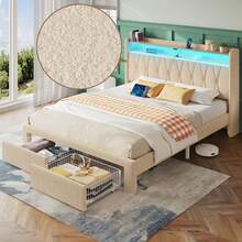 GREENSTELL Bed Frame With Drawer & LED Lights, Upholstered Platform Bed Frame With 2-Tier Storage Headborad & Charging Station, Sturdy Wooden Slats Support, Noise-Free, No Box Spring Needed - 查看 5