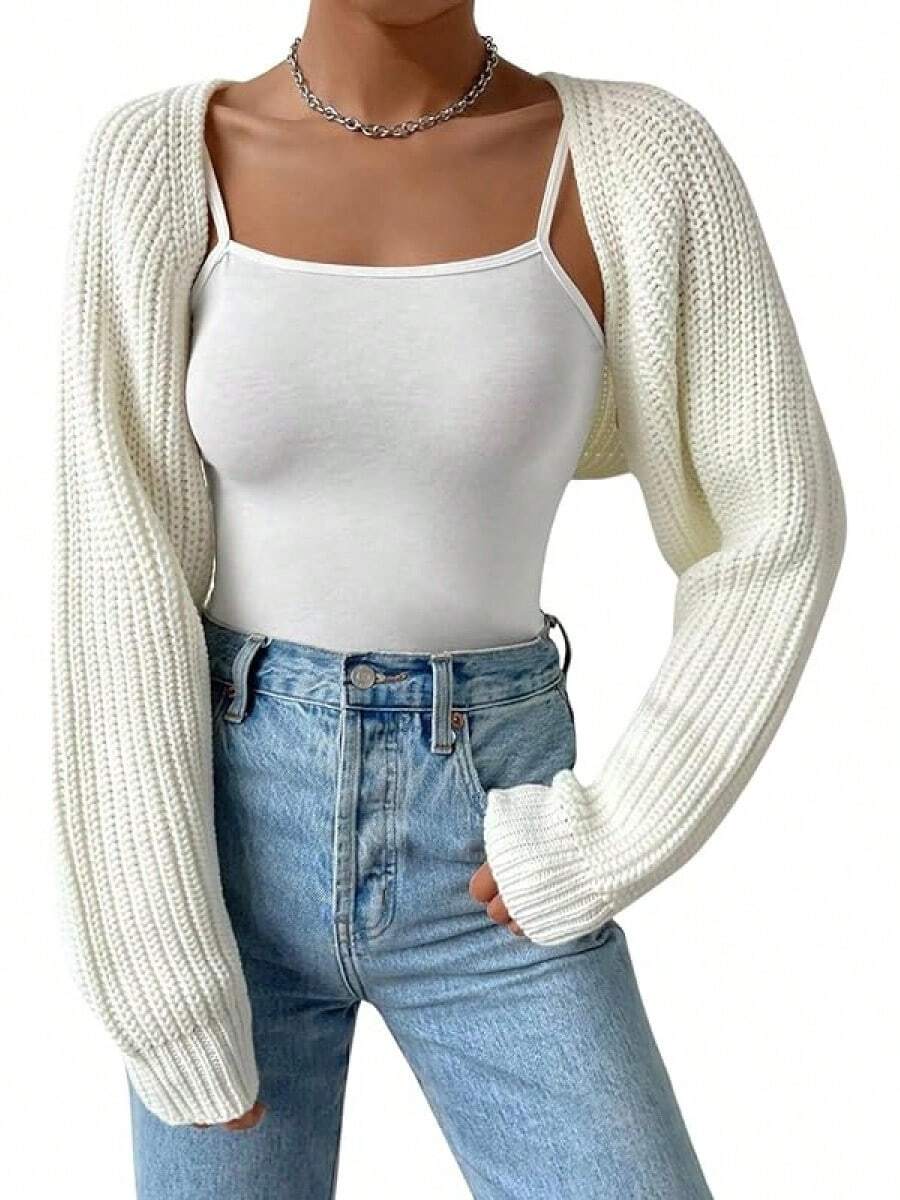Women Open Front Ribbed Knit Crop Bolero Drop Shoulder Long Sleeve Solid Loose Fit Knitted Crop Cardigan Shrug