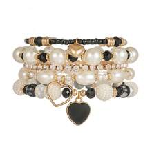 5pcs Pearl & Crystal Heart Beaded Bracelets, Fashion Versatile Stacking Bracelet Set For Women - Multicolor - View 8