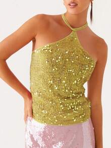 Womens Sequin Sparkle Halter Crop Tops Pearl Embellished Cami Tank Tops Y2k Bling Glitter Rhinestone Camisole Party Going Out - 黃色 - 查看 2
