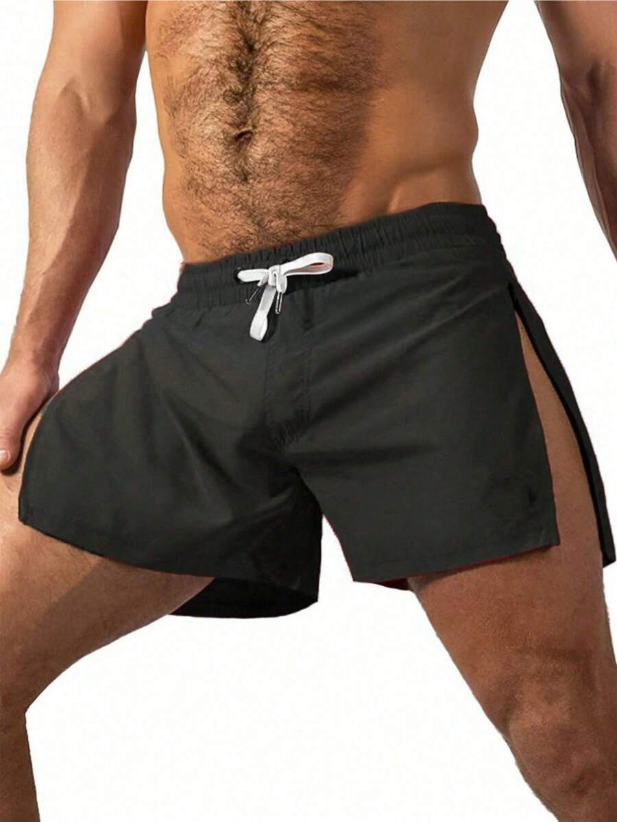 Herren Lässig Loose Workout Shorts, atmungsaktive schnelltrocknende Fitness-Trainingsshorts mit Seitentasche, Sommer Gym Training Basketball Lauf Marathon Shorts mit Kordelzug, Outdoor Eisseiden schnelltrocknende Badeshorts für den Strand - Schwarz - Übersicht 1
