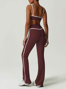 GOSOUER 2 pièces Set de sport pour femme, soutien-gorge de sport à couleur contrastée à la mode et pantalon évasé de danse de gym à taille haute sans couture avant