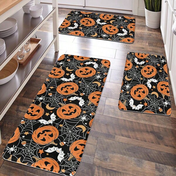1 pezzo Zerbino decorativo a tema Ognissanti con motivi di zucca, pipistrelli e ragnatela, superficie in morbido peluche, tappetino antifatica per casa, bagno, cucina, ingresso, design classico e semplice, con testo "Buon Ognissanti"