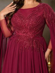 Faeriesty 曲线加大码女士优雅奢华珠饰闪亮亮片雪纺正式礼服，飘逸披肩袖，修身胸衣闪耀夺目，适合奢华宴会、高端慈善晚宴、夏季假日派对、婚礼等场合。 - 酒紅色 - 查看 7
