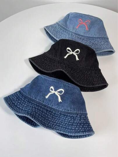 1pc Women's New Bowknot Embroidered Fisherman Hat, Korean Fashion Sun Shading, Casual Street Denim Bucket Hat