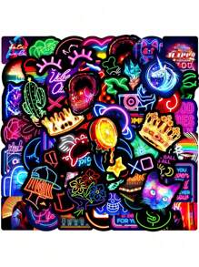 50pcs Set Cute Anime Neon Stickers, Aesthetic DIY Scrapbooking, Stationery, Guitar, Luggage, Decorative Stickers, Fun Doodle Stickers School Supplies,Back To School