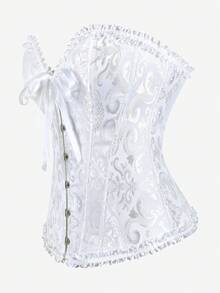 Corset Overbust Bustier, Classic Corset Shapewear Strapless Sweet Fitted Boned Bodysuit, Ruffle Trim Waist Cincher Backless Corset Top, Suitable For Masquerade, White Evening Gown, Wedding Dress - 白色 - 查看 2