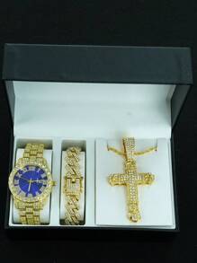 1 Set Confezione regalo uomo con ciondolo a croce 3D con catena intrecciata, bracciale con diamanti e orologio, regalo di moda di alta qualità personalizzato per amici