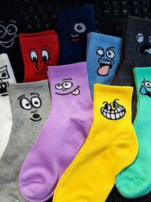 5 Pares (Cores Aleatórias) Meias Esportivas de Tornozelo Médio Respiráveis, Engraçadas e Coloridas com Expressão Fofa de Desenho Animado e Doces