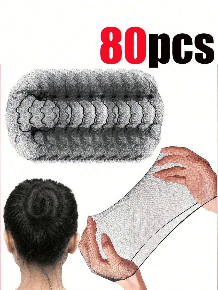 80/50/20/10 件黑色弹力发网，女士隐形发网，适用于假发帽，适合餐饮服务、芭蕾发髻、睡觉、空姐、护士、细网眼造型发髻套、返校、旅行度假必备品、女士发饰