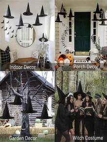 2/6/12 PIEZAS Decoraciones de Halloween Sombreros de bruja Accesorio de disfraz, Sombrero de mago negro grueso con cuerda para colgar a granel para mujeres y niños para decoración de porche, interior, exterior, fiestas, hogar, otoño, habitación - Multicolor - Ver 5