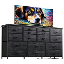 EnHomee Large Dresser And TV Stand Fit 60" TVs With 16 Fabric Drawers, Solid Wood Top & Built-In Charging (3 Outlets + 2 USB) For Bedroom And Living Room, Black Wood Grain - Black - View 8