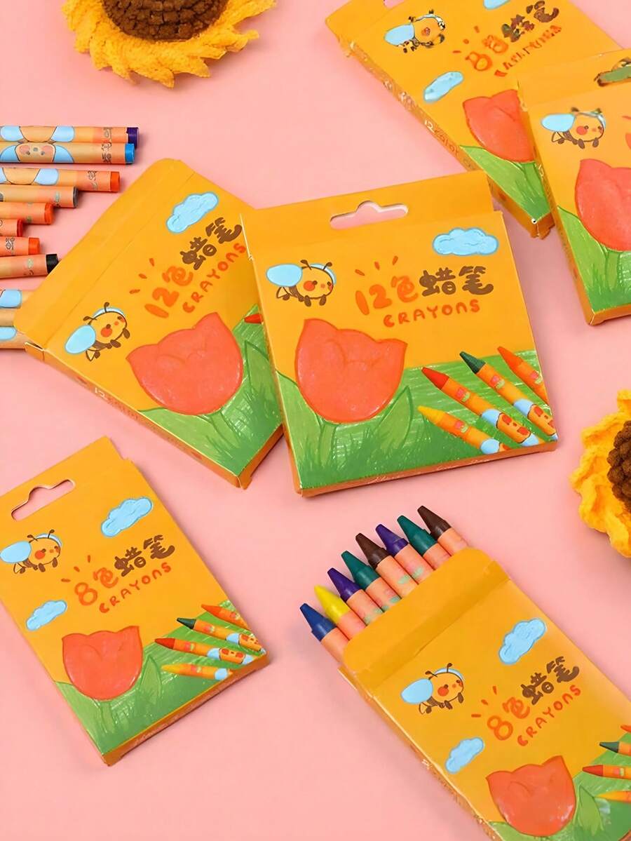 8/12支儿童卡通郁金香蜡笔不脏手美术油画棒涂鸦文具套装幼儿园奖品 - 彩色 - 查看 1