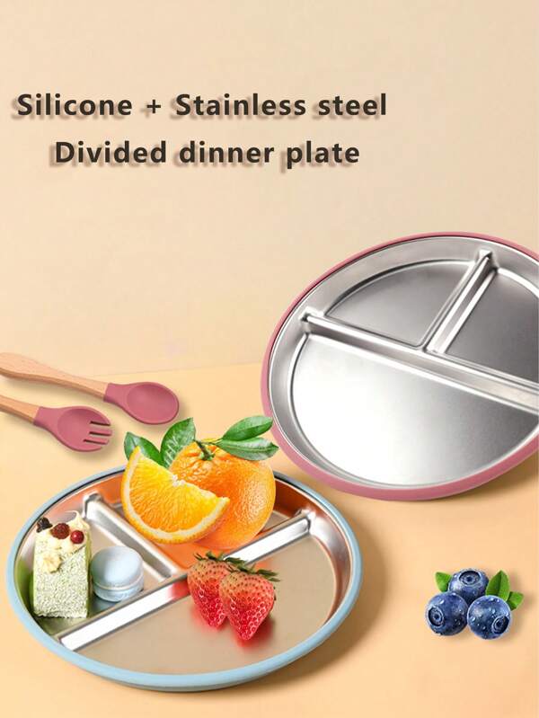 1 Piece Stainless Steel Baby Plate With Suction Cups, Detachable Silicone Cover For Children's Divided Plate, Anti-Slip And Anti-Drop, Suitable For Use