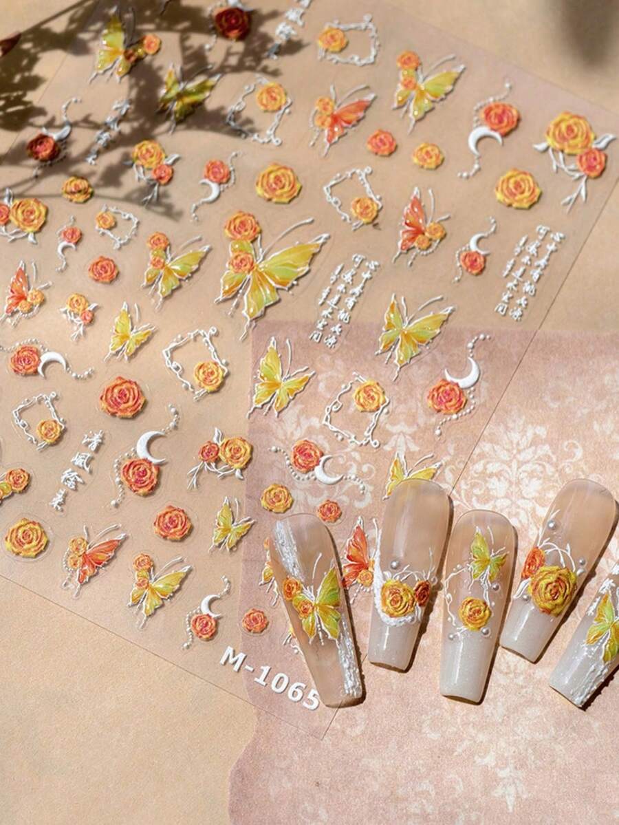 蝴蝶美甲贴纸粉色蝴蝶5D浮雕指甲贴花贝壳灯蝴蝶指甲图案贴纸美甲配件女士女孩DIY美甲装饰用品