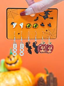 10 Peças/12 Peças Conjunto de Brincos para Halloween, Brincos de Botão com Elementos de Abóbora, Fantasma e Morcego Decorados com Strass