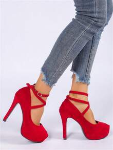 方头踝带细高跟鞋，防水厚底正装高跟鞋，欧式婚鞋，黑色礼服高跟鞋，简约订婚伴娘高跟鞋，纯色办公室鞋 - 熱烈紅色 - 查看 3