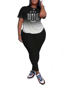 Women's Plus Size 2 Piece Outfits Tracksuits Short Sve Top Pants Sets Sweatsuits - 黑色漸變 - 查看 3