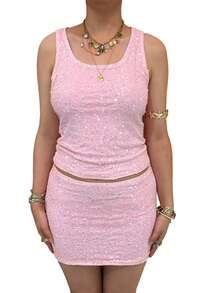 Women's .Y 2 Pieces Outfits Sequin Sparlle Glitter Crop Tank Top Bodycon Mini Skirt Set For Party Night Out Dating - Pink - View 1