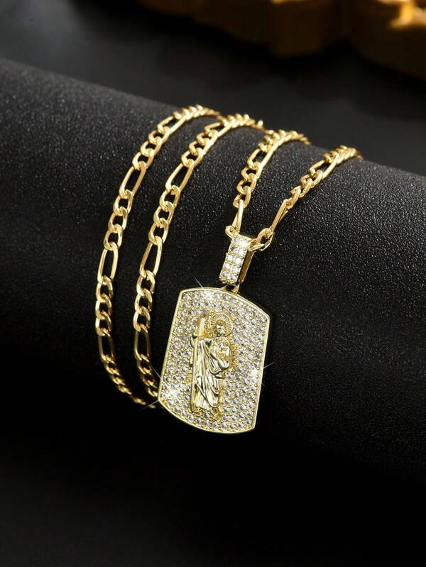 Divine Intervention: Men's CZ St. Jude Chain,Radiant Apostle: Hip Hop St. Jude Chain,St. Jude's Bling: Patron Saint Of The Grind,1 Piece Of Hip-Hop Style Religious Ornament With Full Diamond Inlay