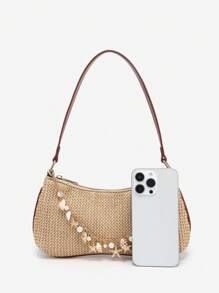 1pc Women's Retro Vacation Ocean Shell Pearl Woven Detachable Shoulder/Underarm Baguette Bag, Suitable For Date, Outing, Vacation