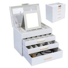 4-Tier Jewelry Storage Box With Transparent Lid & 3 Drawers, Faux Leather Jewelry Organizer Box With Fashion Gold-Tone Handles, Gift Box For Women's Watches, Necklaces, Rings, Bracelets, Holiday Gift