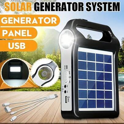 Portable Solar Panel Power Storage Generator Kit - Rechargeable USB Charger With Lamp Lighting For Home Solar Energy System