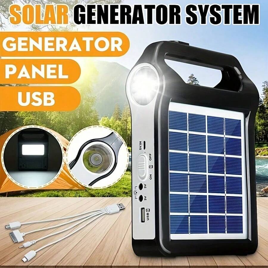 Portable Solar Panel Power Storage Generator Kit - Rechargeable USB Charger With Lamp Lighting For Home Solar Energy System - Black - View 1