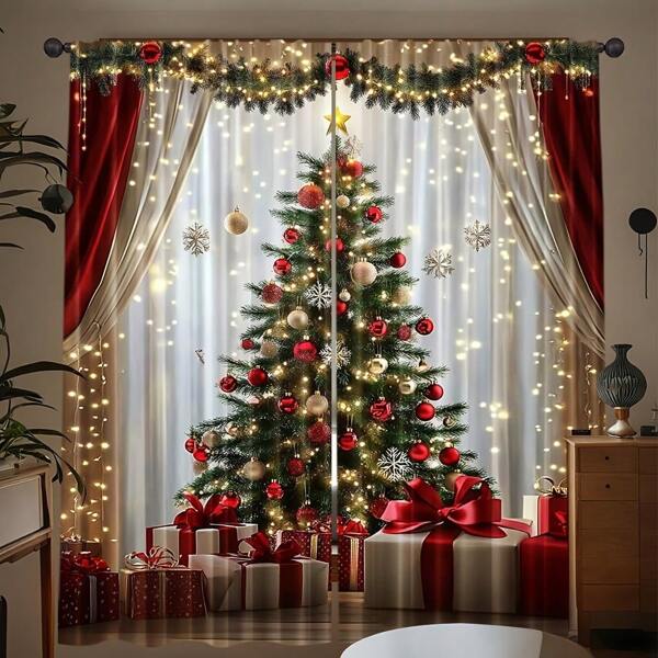 2 piezas de cortinas navideñas de estilo europeo minimalista y lujoso con estampado de copos de nieve de color rojo y dorado, 100% poliéster, con bolsillo para barra, lavables a máquina, sin barras incluidas, decoración navideña de ventana, Jacquard lujoso