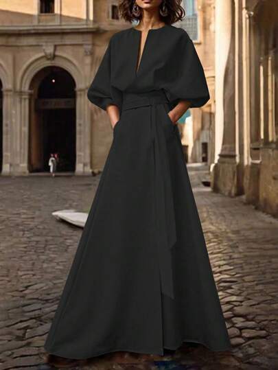 Vestido largo asimétrico con abertura, de línea A, con escote en V con muesca, mangas de murciélago y cintura con tirantes, de moda casual, nueva colección primavera y otoño 2025