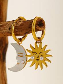 不锈钢月亮和太阳耳环，优雅的钛钢环状耳环，18K 镀金