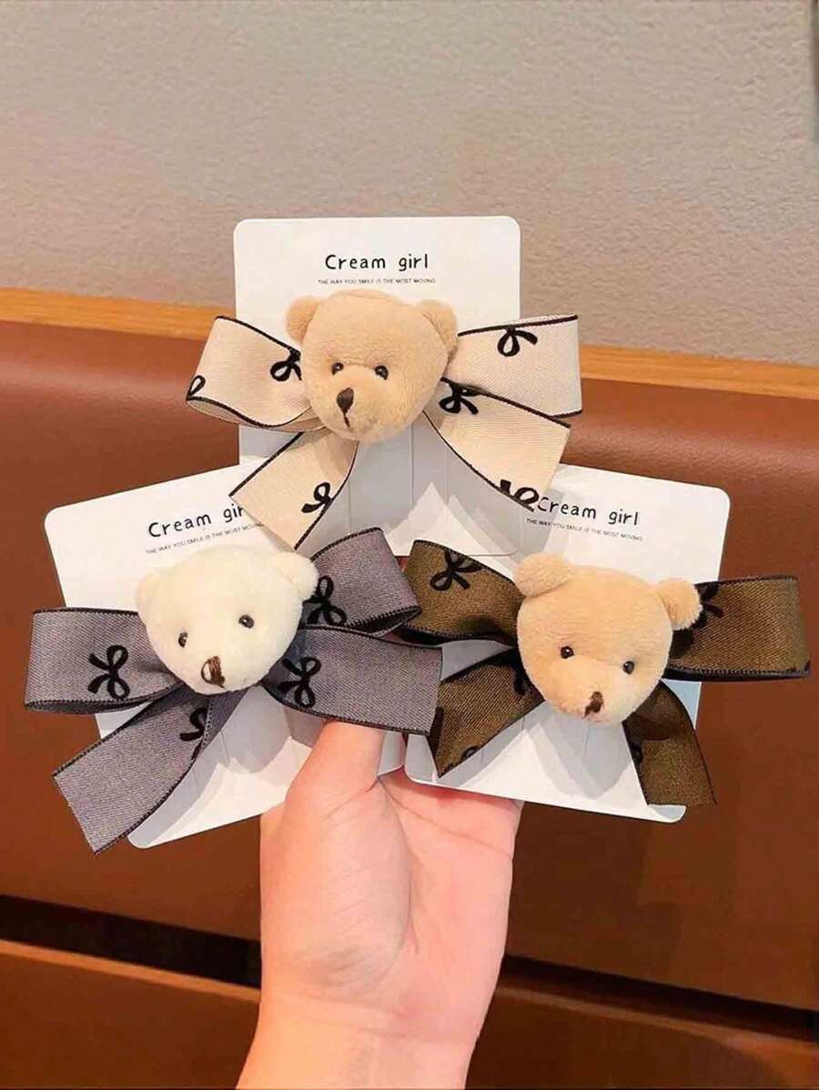 1/3 Presilha de Cabelo de Ursinho Fofo e Doce com Laço, Adequada para Meninas Pequenas Usarem Diariamente como Acessório de Cabelo, Presente para a Temporada de Volta às Aulas