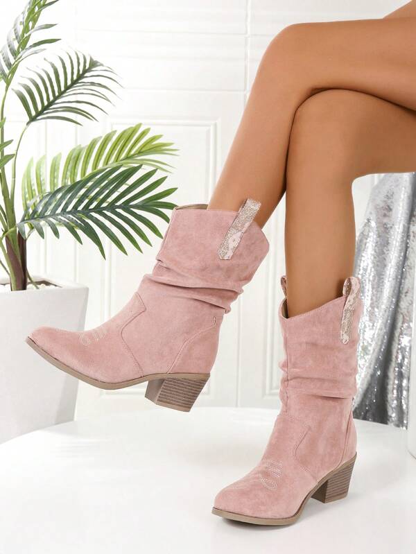Women's Western Style Ruffled Mid-Calf Boots, Vintage Fashion Sexy Elegant Versatile Low Heel Comfortable Durable Casual Pink Boots, Suitable For Spring, Summer, Autumn