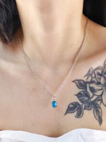 High-End Elegant Aqua Blue Natural Gemstone Water Drop Necklace, Unique Design Oval Pendant Clavicle Chain, Gift For Her