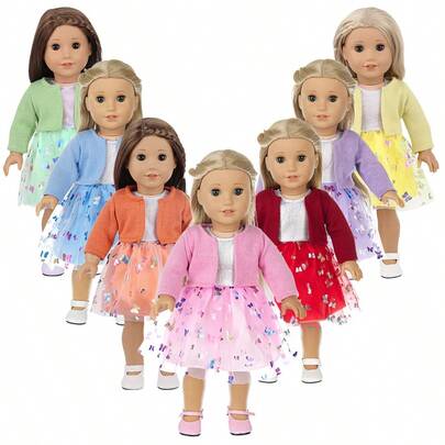 18-Inch American Girl Doll Clothes For Spring & Autumn, Beautiful Butterfly Print Mesh Dress With Outer Jacket In Red, Pink, Purple And Blue (Doll And Shoes Not Included)