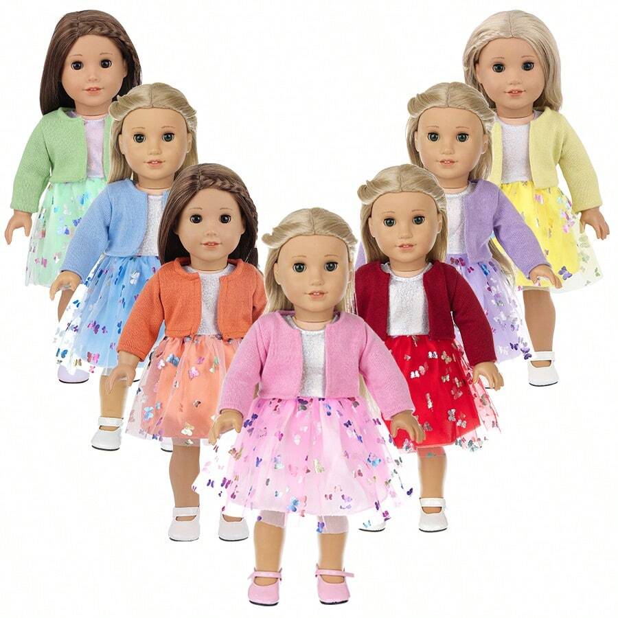18-Inch American Girl Doll Clothes For Spring & Autumn, Beautiful Butterfly Print Mesh Dress With Outer Jacket In Red, Pink, Purple And Blue (Doll And Shoes Not Included) - Multicolor - View 1