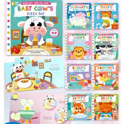 beartale Sách hoạt động tương tác lật trang, đồ chơi mầm non, hoạt động hàng ngày của động vật (Gà trống thức dậy, Mèo con rửa mặt, Hà mã đánh răng, Gấu dọn phòng), phát triển kích thích giác quan, rèn luyện khả năng nhận thức, đồ chơi giáo dục sớm, phong cách hoạt hình, sách ghi nhớ, sách hoạt động, sách giác quan mầm non, bộ sách thiếu nhi.
