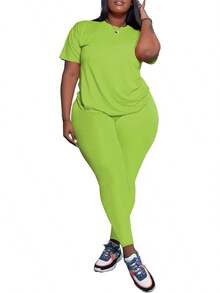 Women's Plus Size 2 Piece Outfits Tracksuits Short Sve Top Pants Sets Sweatsuits - 霓虹綠 - 查看 3