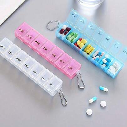 1 Stück transparente 7-Fach feuchtigkeitsbeständige Medikamentenaufbewahrungsbox, mini tragbarer rechteckiger Pillenorganizer, reisefreundliche wöchentliche tägliche Pillendose von Montag bis Sonntag, geeignet für verschiedene Szenarien wie Reise/Zuhause/Auto, Medikamentenorganizer Behälter