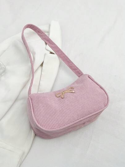 Bolso de hombro de mujer de unicolor, ligero y de lujo con decoración de lazo, rosa