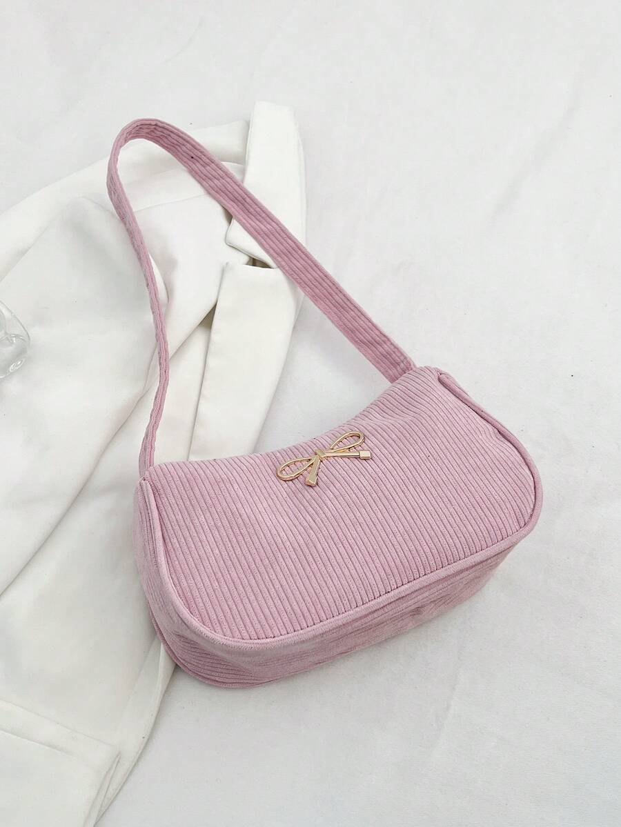Bolso de hombro de mujer de unicolor, ligero y de lujo con decoración de lazo, rosa - Rosa - Ver 1