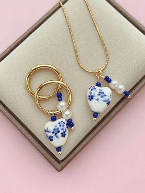 3pcs/Set Fashion Blue And White Porcelain Heart Shaped Stainless Steel Necklace Faux Pearl Earrings The Suit Is Suitable For Girls To Wear On A Daily Basis Vacation Atmosphere Gift