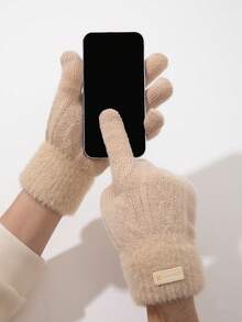 1pair Korean Style Knitted Wool Gloves For Women, Winter, Thickened, Bicycle Riding, Plush Lined, Touch Screen Compatible, Double Layered, Color Spliced - Beige - View 5