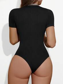 Suprenx Ribbed Jumpsuit, Valentine's Day Women's Shapewear Bodysuit, Tummy Control Workout Unitard With Crew Neck Short Sleeve Top - Black - View 6