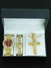 1 Set Confezione regalo uomo con ciondolo a croce 3D con catena intrecciata, bracciale con diamanti e orologio, regalo di moda di alta qualità personalizzato per amici