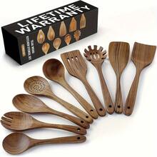 TAIMASI 9pcs Teak Wood Cooking Utensil Set - Non-Stick Sa-Fe Wooden Spoons With Ergonomic Grip - Perfect Kitchen Essential For 4th Of July BBQ/Thanksgiving Dinner/Christmas Meal Prep - Ideal Gift For Home Chefs & Professional Kitchens - 鏽棕色 - 查看 1