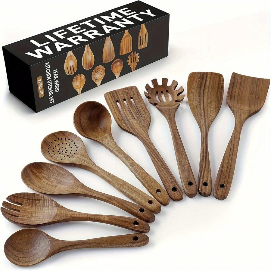 TAIMASI 9pcs Teak Wood Cooking Utensil Set - Non-Stick Sa-Fe Wooden Spoons With Ergonomic Grip - Perfect Kitchen Essential For 4th Of July BBQ/Thanksgiving Dinner/Christmas Meal Prep - Ideal Gift For Home Chefs & Professional Kitchens - 鏽棕色 - 查看 1