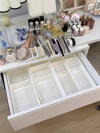 1 pièce Boîte d'organisateur de maquillage extensible, boîte de rangement à tiroirs avec séparateurs pour contenir pinceaux de maquillage, rouges à lèvres, parfums, palettes d'ombres à paupières, masques de beauté, vernis à ongles, produits de soins de la peau, convient pour les tiroirs de la chambre, l'armoire de salle de bain, fabriqué en matériau ABS épais