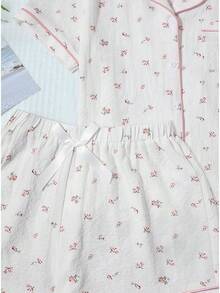 Women's Graphic 2 Piece Pajama Set Cute Button Up Shirt And Shorts PJ Sets - White Floral - View 5