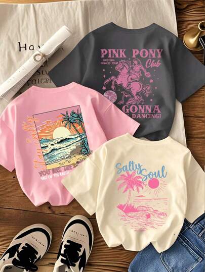 3pcs Girls Printed Round Neck Short Sleeve T-Shirt, Casual Summer Top For Teens And Students